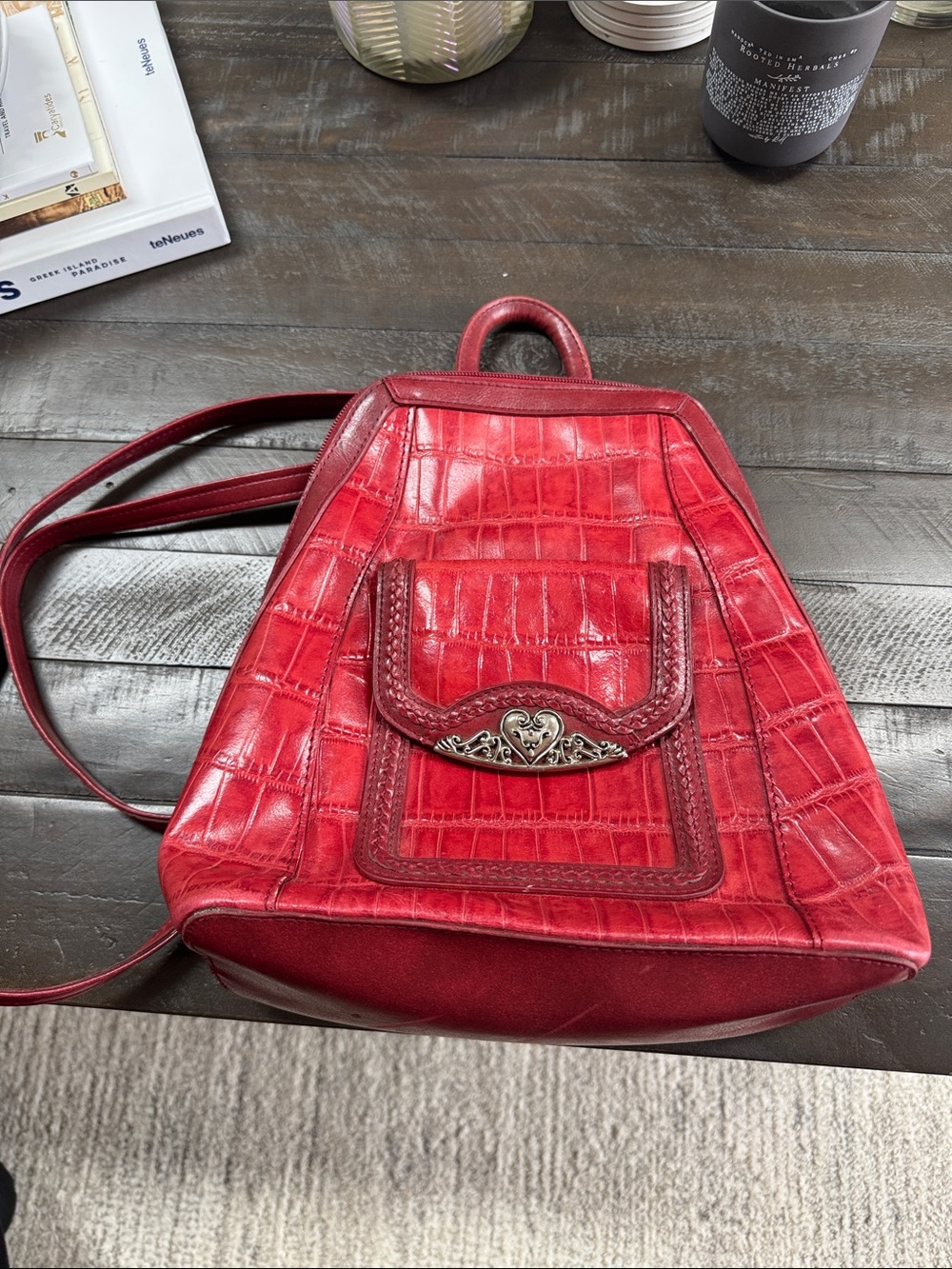 Brighton Red Croc-Embossed Women’s Backpack with Decorative Heart Accent